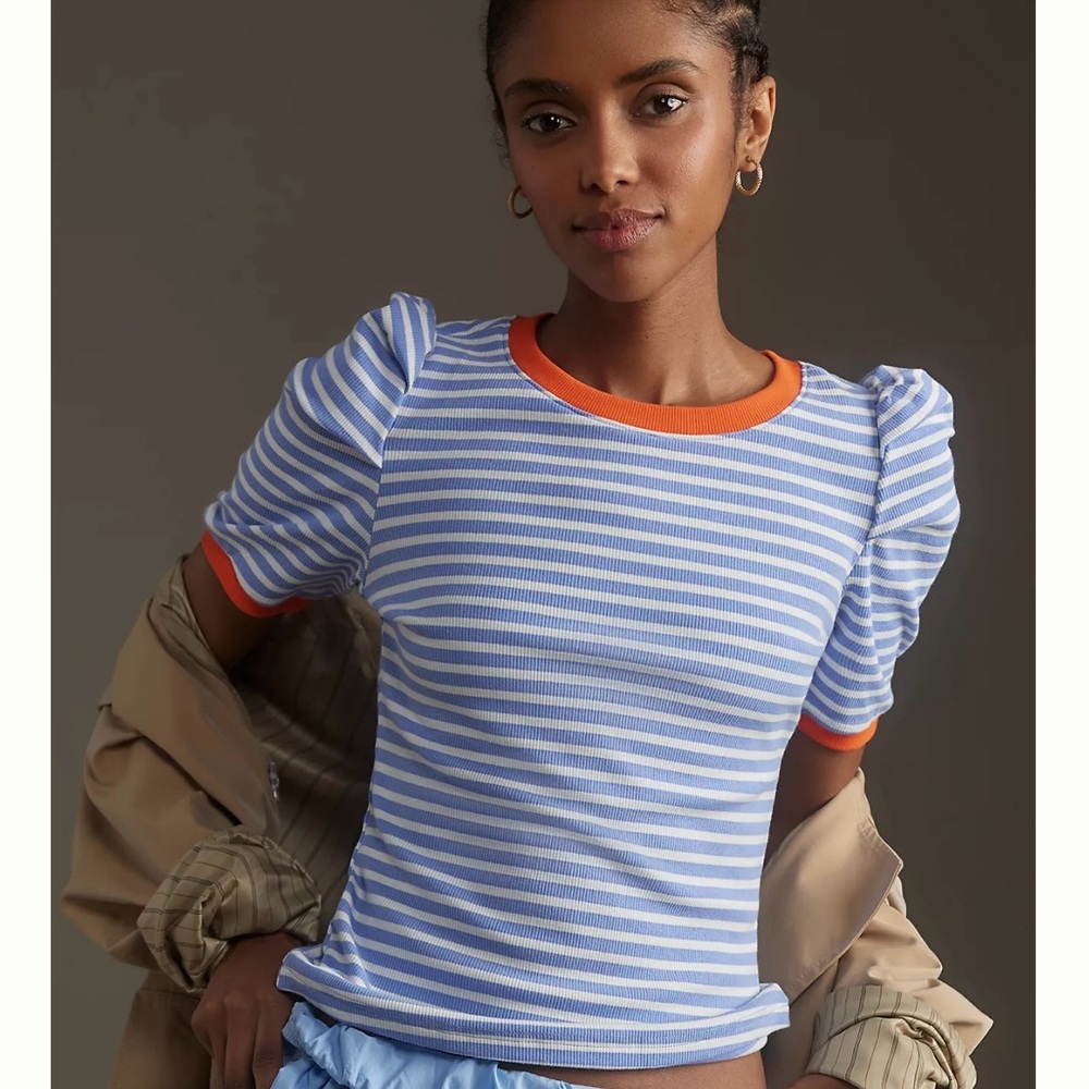 Anthropologie Maeve Striped T Shirt with Puffed Sleeves size Large